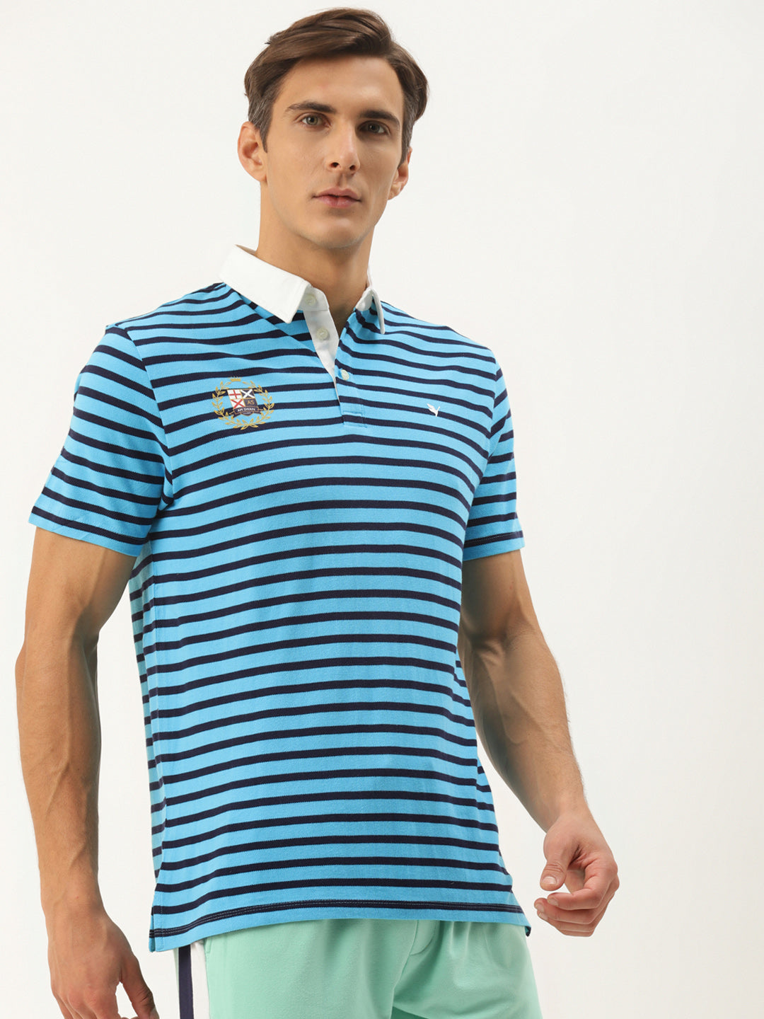 Premium Blue Cotton Striped Half Sleeve Polo