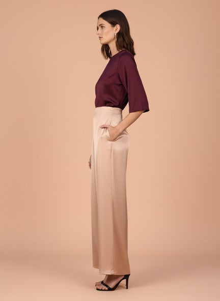Satin Wide Leg Pants European Fabric  Rose Sand Glam Look