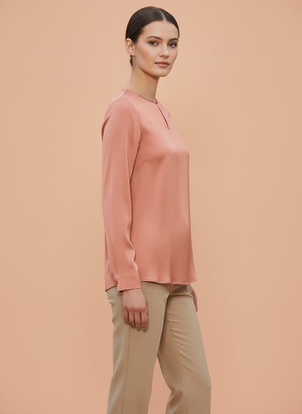 Summer Satin Coral Mandarin Collar Button Tunic