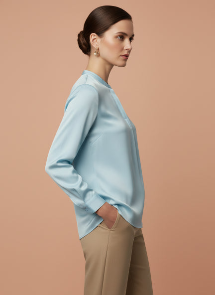 Summer Satin Light Cyan Front Pleated Tunic