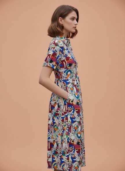 Rayon Printed Puff Sleeve A Line Shirt Dress