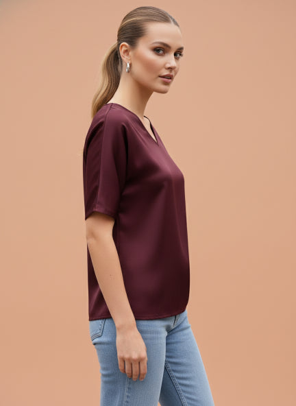 European Satin-Finish, V-Neck Top