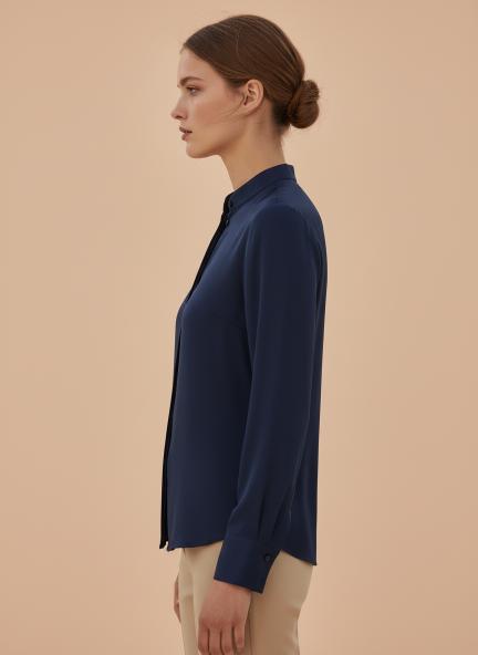 Summer Satin Navy Mandarin Collar Shirt