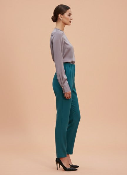 Banana Crepe Teal Skin Fit With Multi Pleated Trouser