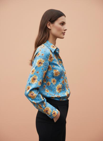 Linen Satin Multicolour Long Length Curved Hem Digital Print Shirt