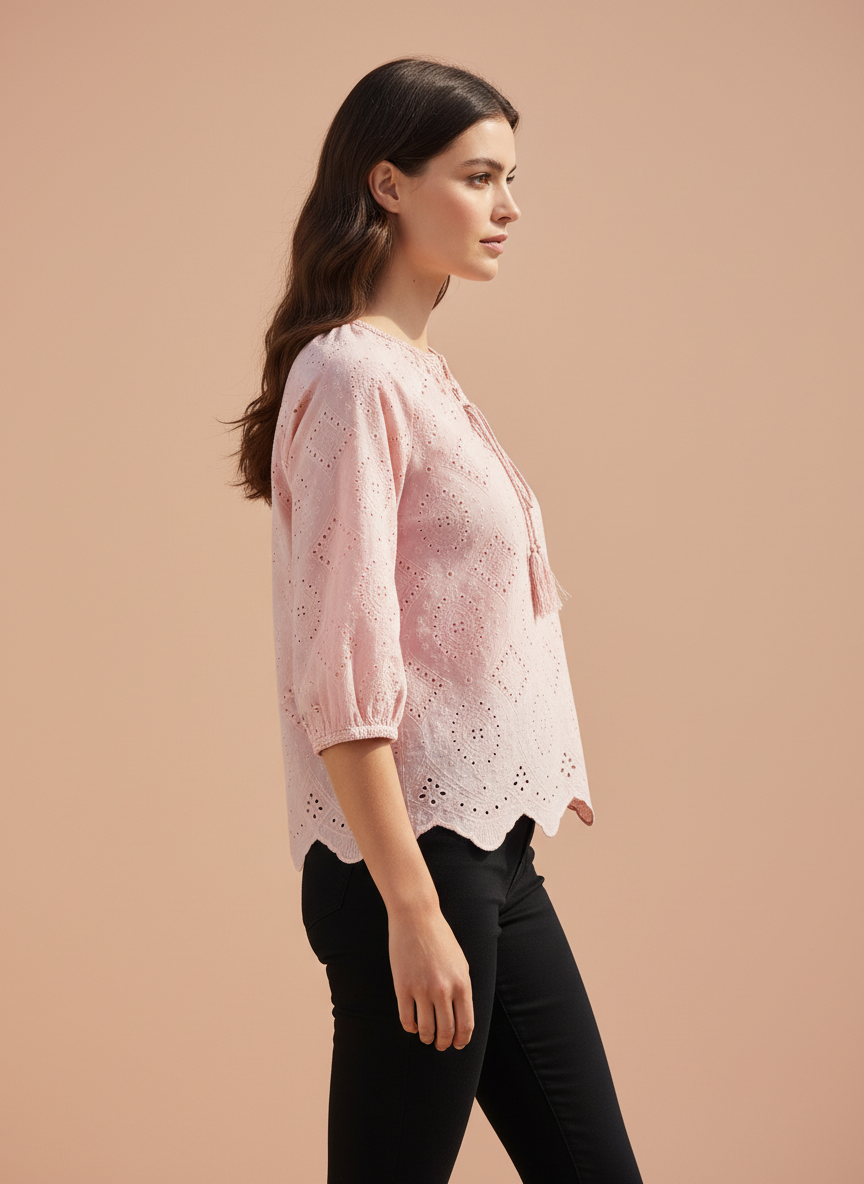 Chic Cutwork Women’s Top with Tassel Tie