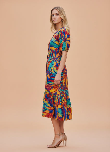 Rayon Printed Puff Sleeve A Line Front Button Maxi Dress