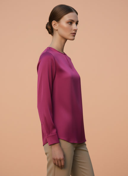 Summer Satin Magenta Mandarin Collar Button Tunic