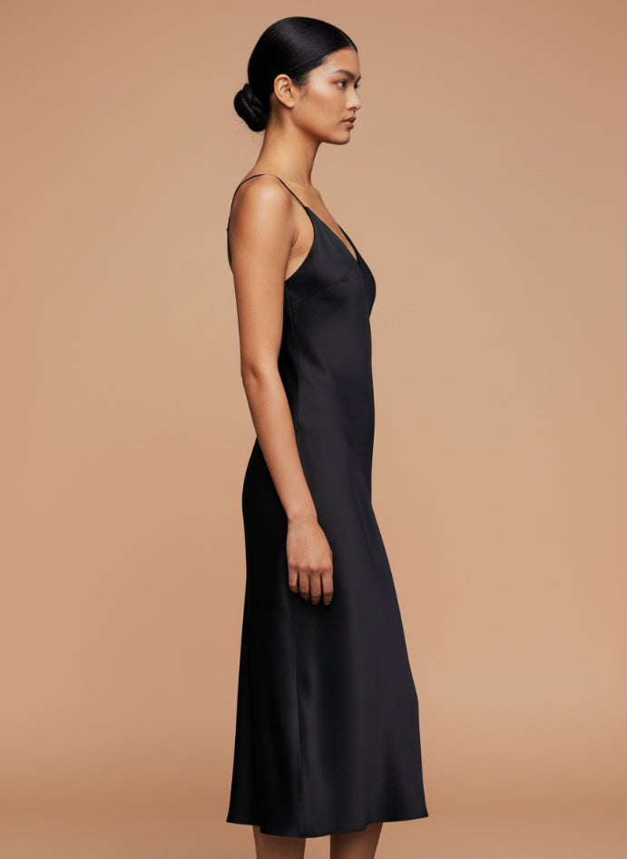 European Satin Black Midi Dress