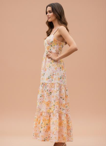 Cambric Digital Print  Maxi Dress With Slash Pocket