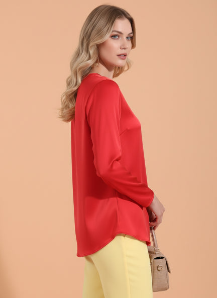 Summer Satin Red Mandarin Collar Button Tunic