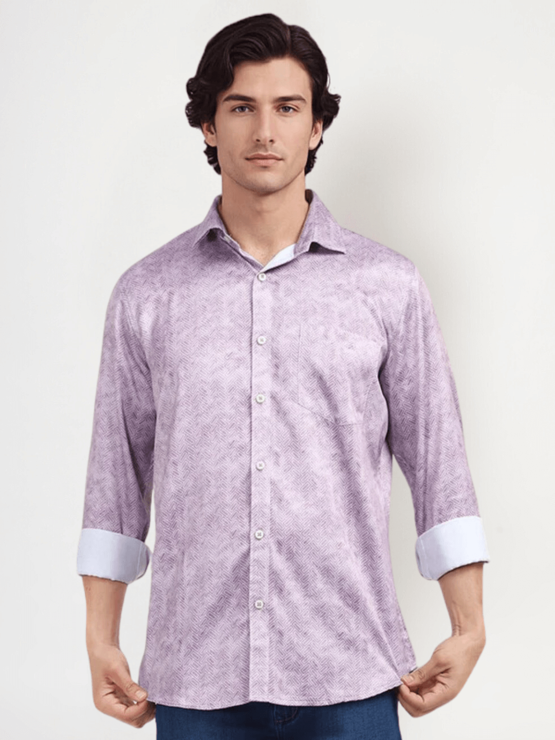 Men'S Poly Satin Lycra Purple Digital Printed Shirt