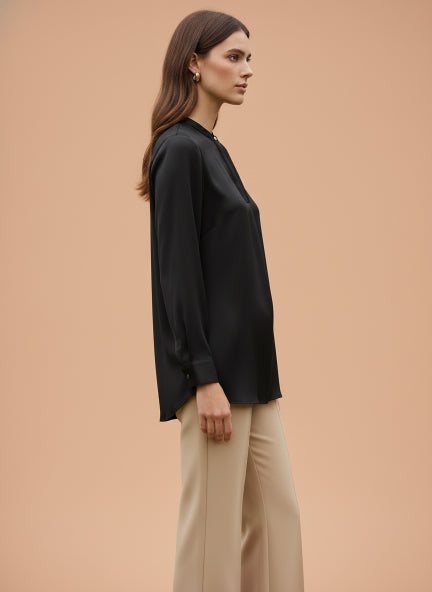 Summer Satin Black Front Pleated Tunic