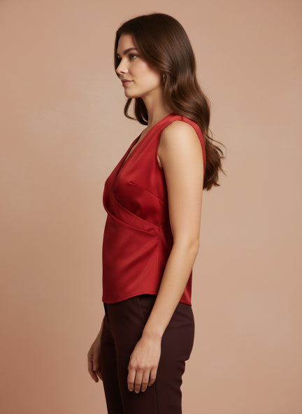 European Satin V Neck Pleated Sleeveless Top