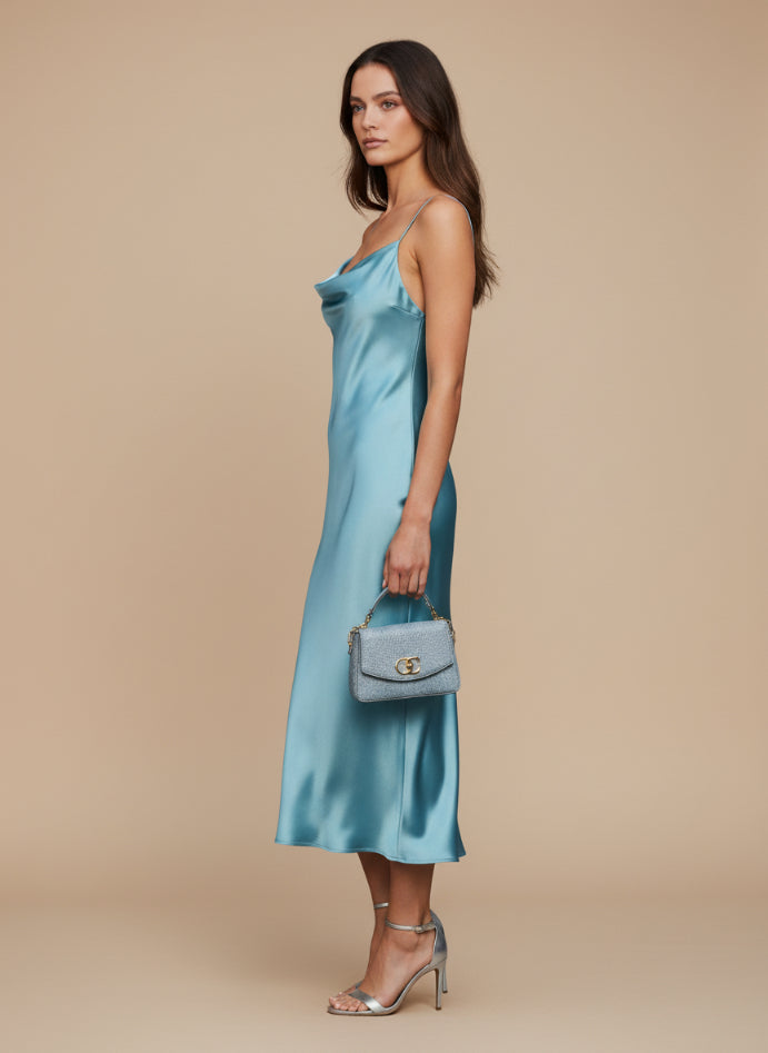 Satin Midi Dress Aqua Spaghetti Strap