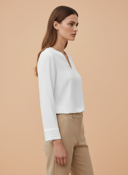 European Satin V Neck Long Sleeve Top