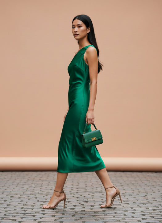 European Satin Emerald Green Midi Dress