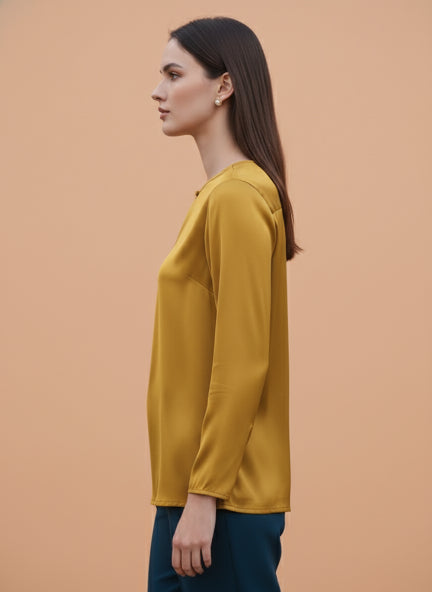 Premium Summer Satin Mettalic Gold Mandarin Collar Button Tunic