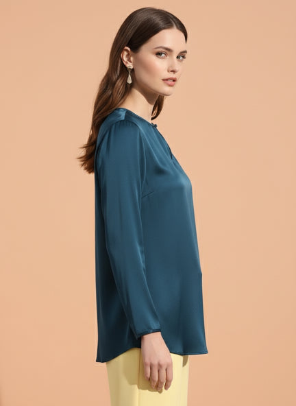 Summer Satin Deep Teal Mandarin Collar Button Tunic