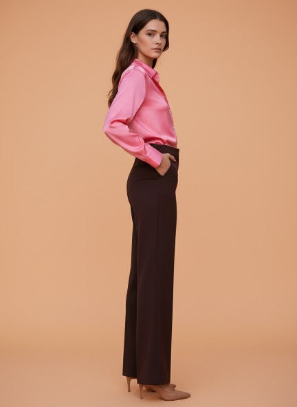 Banana Crepe Dark Choclate Flared Trouser With Slash Pocket