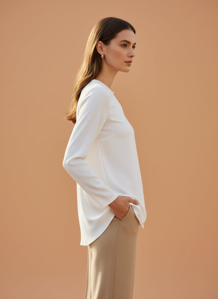 Summer Satin Off White Mandarin Collar Button Tunic