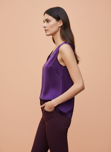 European Satin V Neck Sleeveless Top