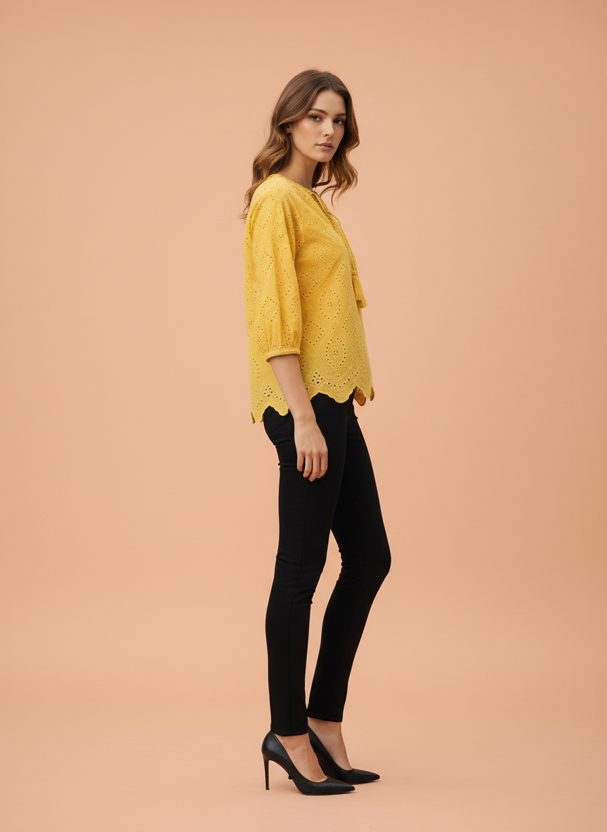 Chic Cutwork Women’s Top with Tassel Tie