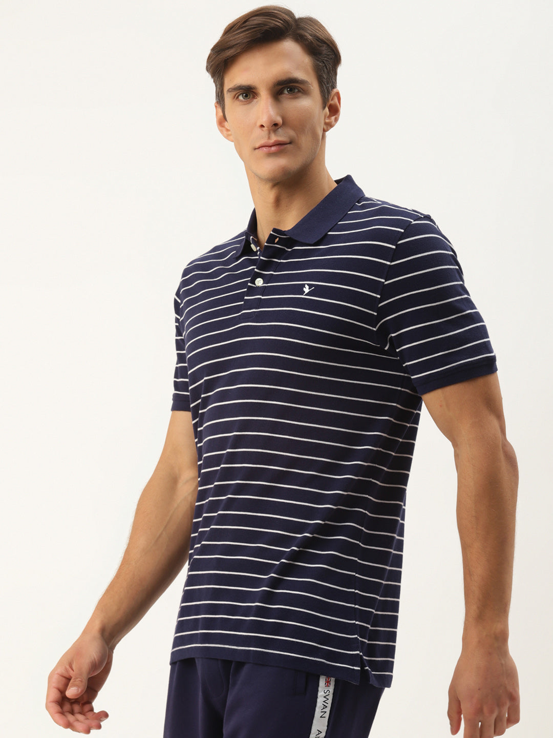 Premium Navy Cotton Striped Half Sleeve Polo