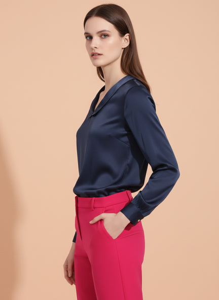 Summer Satin Navy Peter Pan Collar Top