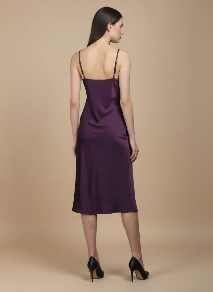 Satin Midi Dress Deep Plum Spaghetti Strap