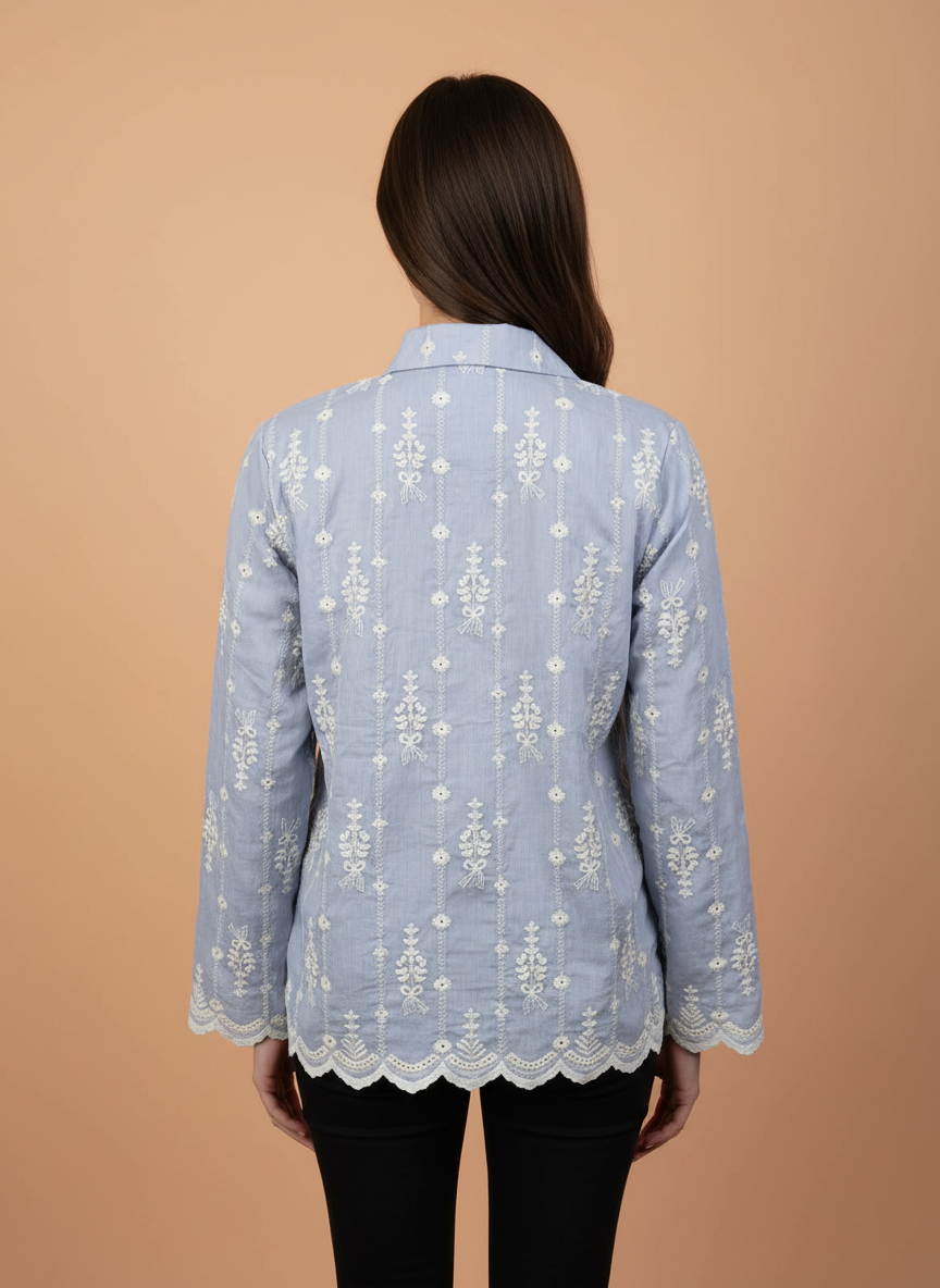 Elegant Aqua Embroidered Women’s Shirt