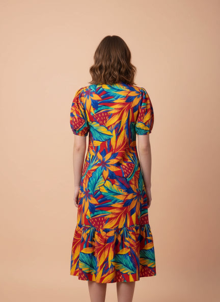 Rayon Printed Puff Sleeve A Line Front Button Maxi Dress