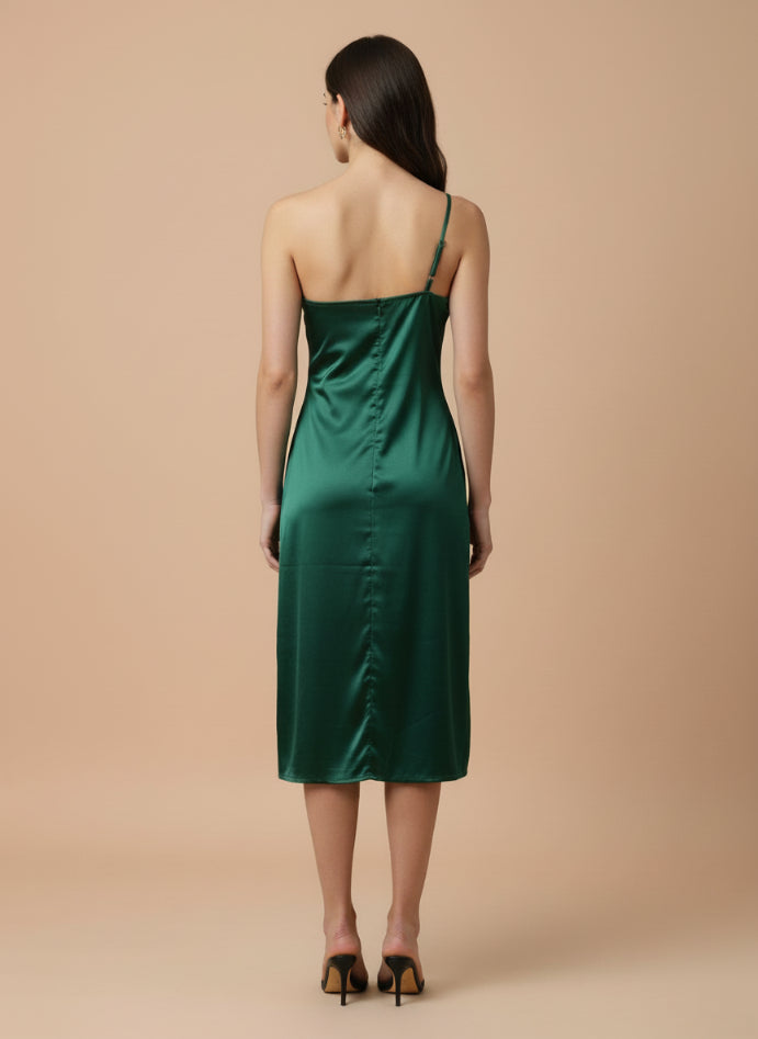 European Satin Emerald Green Midi Dress