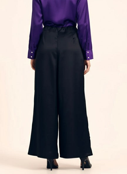 Satin Wide Leg Pants European Fabric  Black Glam Look
