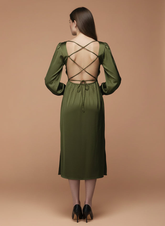 European Satin Midi Dress Olive