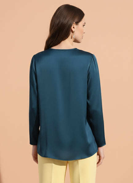Summer Satin Deep Teal Mandarin Collar Button Tunic