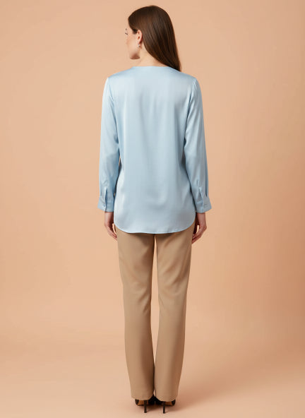 Summer Satin Light Cyan Front Pleated Tunic