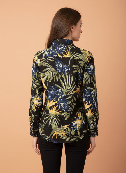 Women'S Premium Rayon Shirt With Jungle Print In Full Sleeve And Black Color