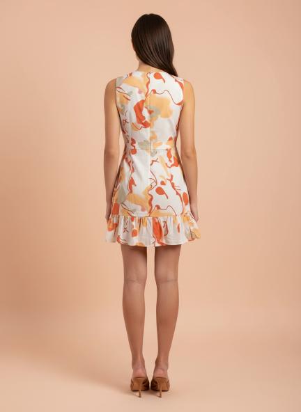 Cambric Digital Print  V Neck Flare Dress With Slash Pocket