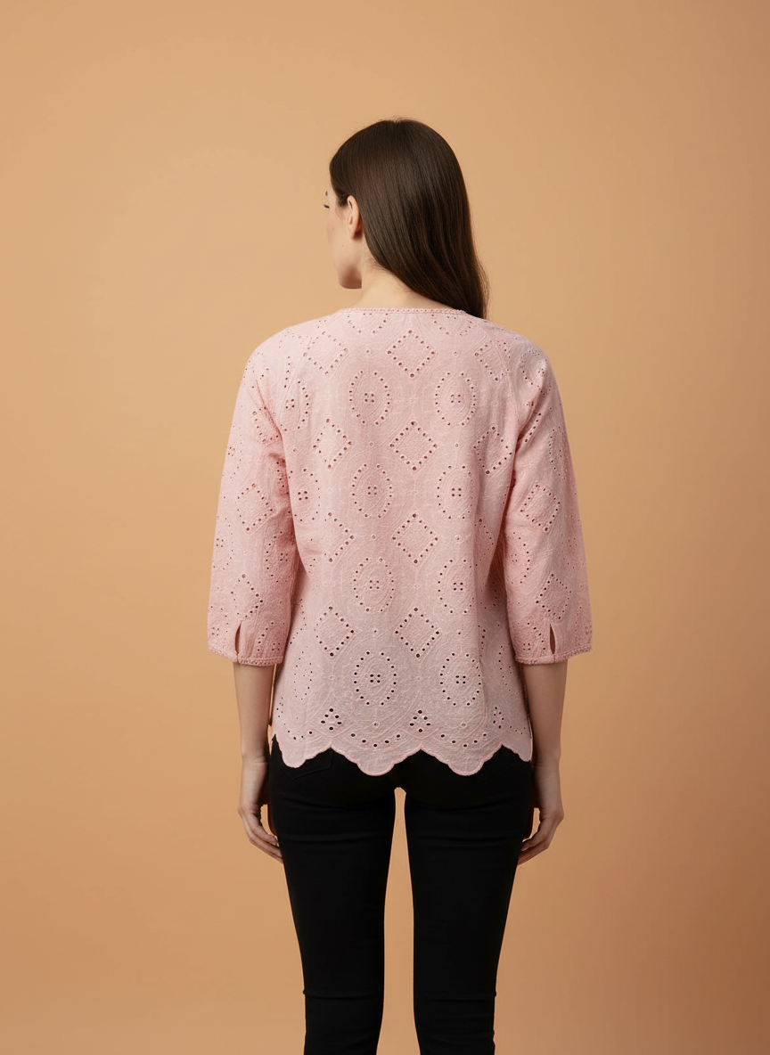 Chic Cutwork Women’s Top with Tassel Tie