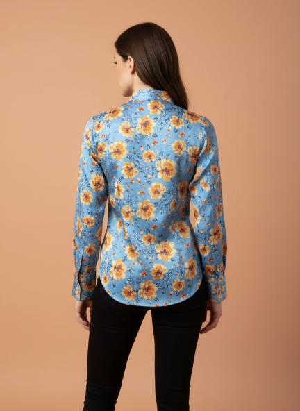 Linen Satin Multicolour Long Length Curved Hem Digital Print Shirt