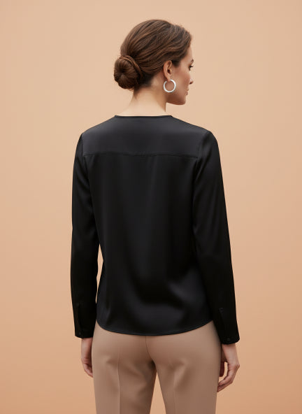 Summer Satin Black Mandarin Collar Button Tunic