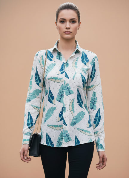 Women'S Rayon Shirt With Classic White & Green Tropical Print
