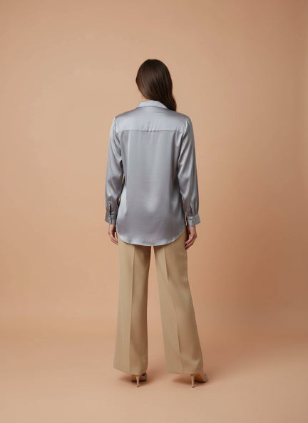 Summer Satin Bluish Grey Peter Pan Collar Top