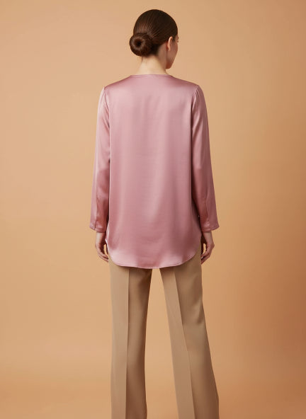 Summer Satin Rose Pink Mandarin Collar Button Tunic