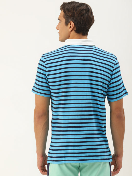 Premium Blue Cotton Striped Half Sleeve Polo