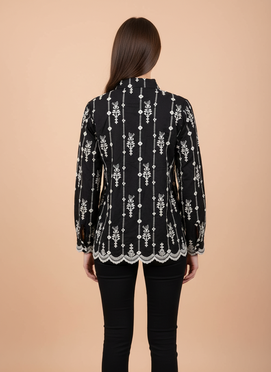 Elegant Black Embroidered Women’s Shirt