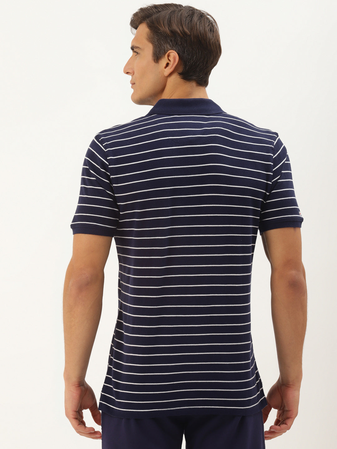 Premium Navy Cotton Striped Half Sleeve Polo