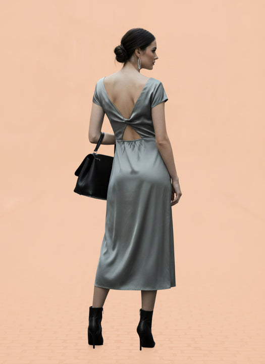 European Satin Grey Midi Dress