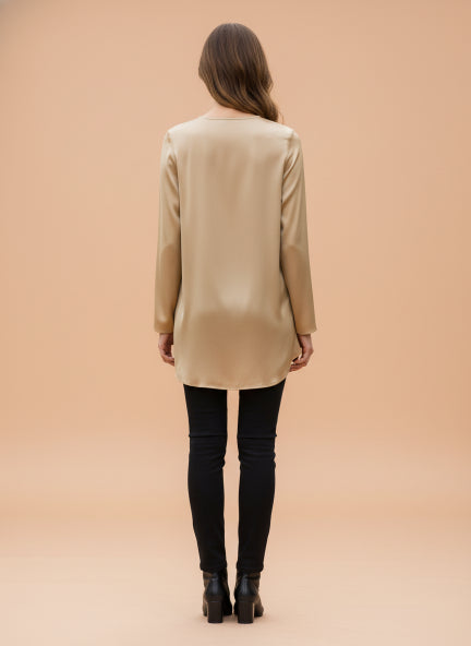 Summer Satin Gold Mandarin Collar Button Tunic
